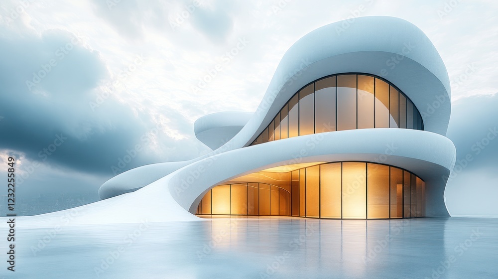 Fototapeta premium A futuristic architectural background featuring the exterior of a curved building rendered in 3D