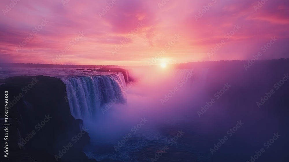 Fototapeta premium Niagara Falls sunset, mist, vibrant sky, scenic view, travel