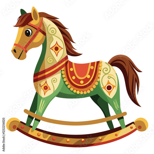 A meticulously detailed image of a vintage wooden rocking horse doll, showcasing realistic features and paintwork; emphasizing texture and age.