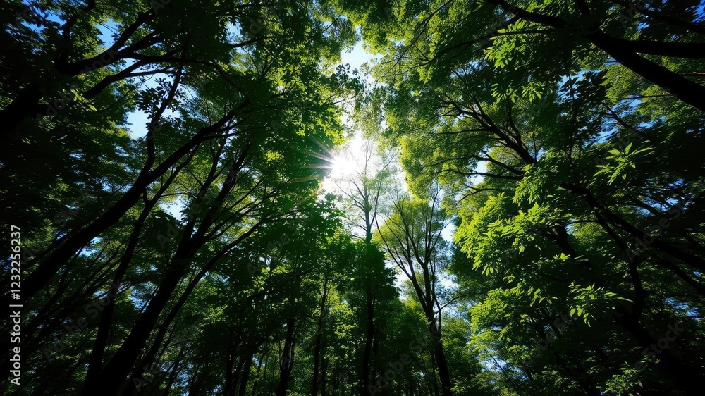 Fototapeta premium Dense foliage with sunlight filtering through the heart-shaped hole in a forest canopy, revealing a clear blue sky, shadow, leaves, transparency
