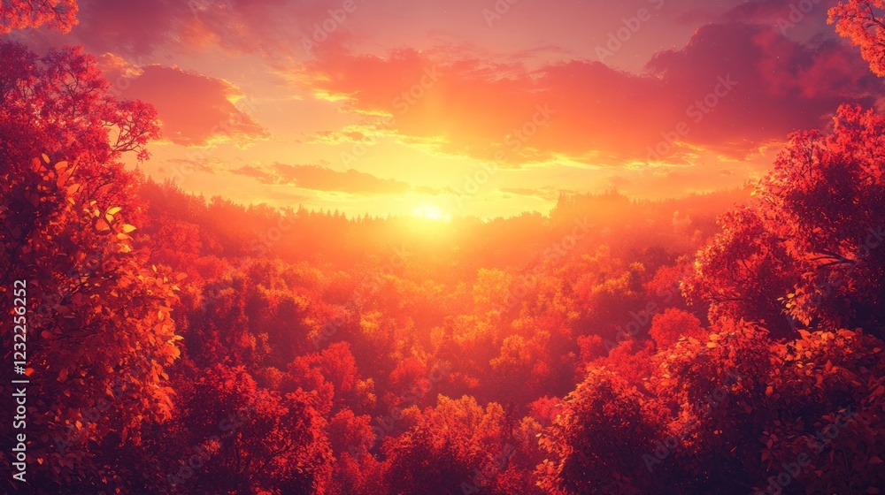 Naklejka premium Vibrant sunset illuminating an autumn forest with warm golden and red tones