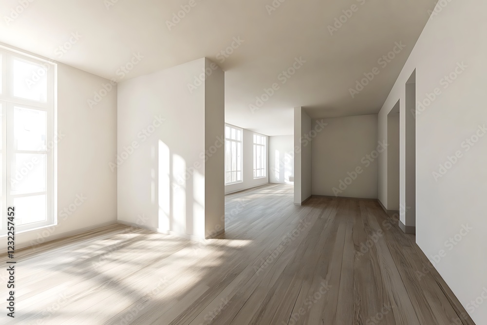 3D depiction of a large, minimalist Scandinavian room showcasing a wooden floor, broad white walls, and a peaceful Nordic-themed interior design. 3D depiction of a large, minimalist Scandinavian room showcasing a wooden floor, broad white walls, and a peaceful Nordic-themed interior design.