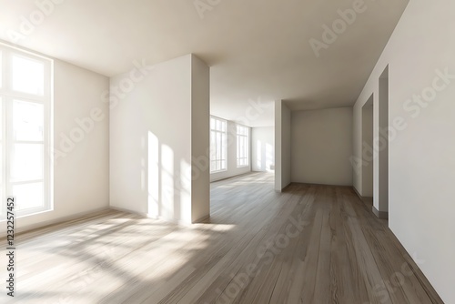 Wallpaper Mural 3D depiction of a large, minimalist Scandinavian room showcasing a wooden floor, broad white walls, and a peaceful Nordic-themed interior design. Torontodigital.ca