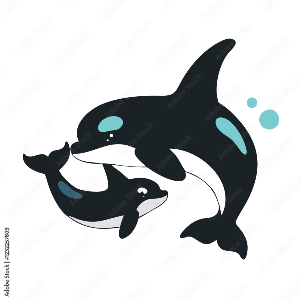 Fototapeta premium Orca Illustration Vector with Mother and Baby Whale