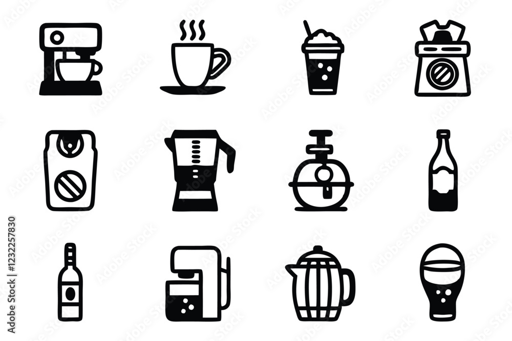 Create a line art icon set depicting various beverage industry elements, including bottles, glasses, coffee cups, teapots, and bar equipment. Icons should be editable and easily scalable. Create a line art icon set depicting various beverage industry elements, including bottles, glasses, coffee cups, teapots, and bar equipment. Icons should be editable and easily scalable.