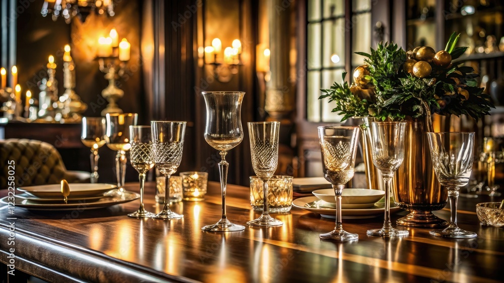 Elegant glassware sitting on a polished wooden table surrounded by luxurious decorations and dim lighting, dimly lit, glassware, elegant Elegant glassware sitting on a polished wooden table surrounded by luxurious decorations and dim lighting, dimly lit, glassware, elegant
