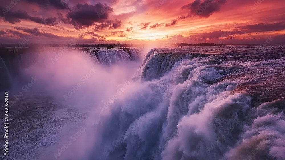 Fototapeta premium Dramatic Iguazu Falls sunset, mist, travel
