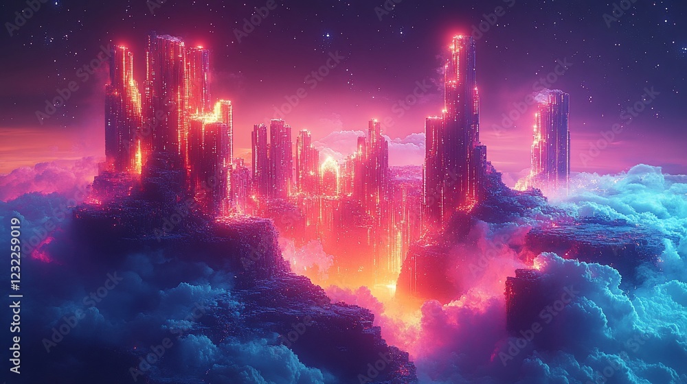 Fototapeta premium Futuristic cityscape illuminated by glowing lights amidst vibrant clouds at night