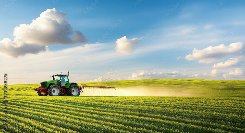 A tractor spraying liquid in a round spray pattern on a green field A tractor spraying liquid in a round spray pattern on a green field