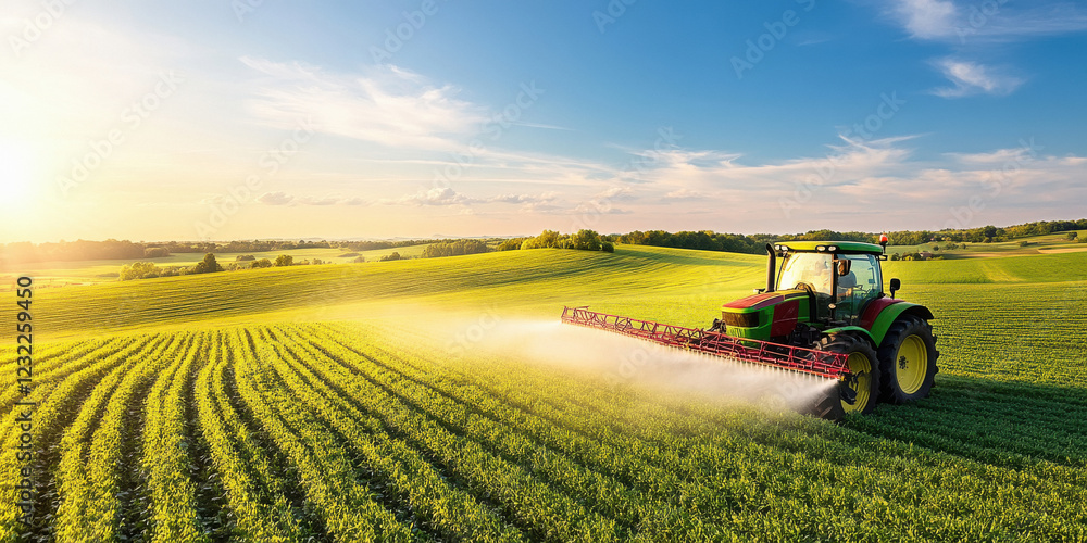 A tractor spraying liquid in a round spray pattern on a green field A tractor spraying liquid in a round spray pattern on a green field