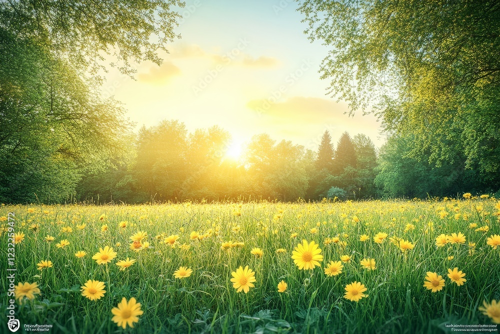 Obraz premium Sunlit meadow with tall grass and yellow wildflowers, bathed in warm sunrise glow, creating a serene and tranquil countryside landscape.