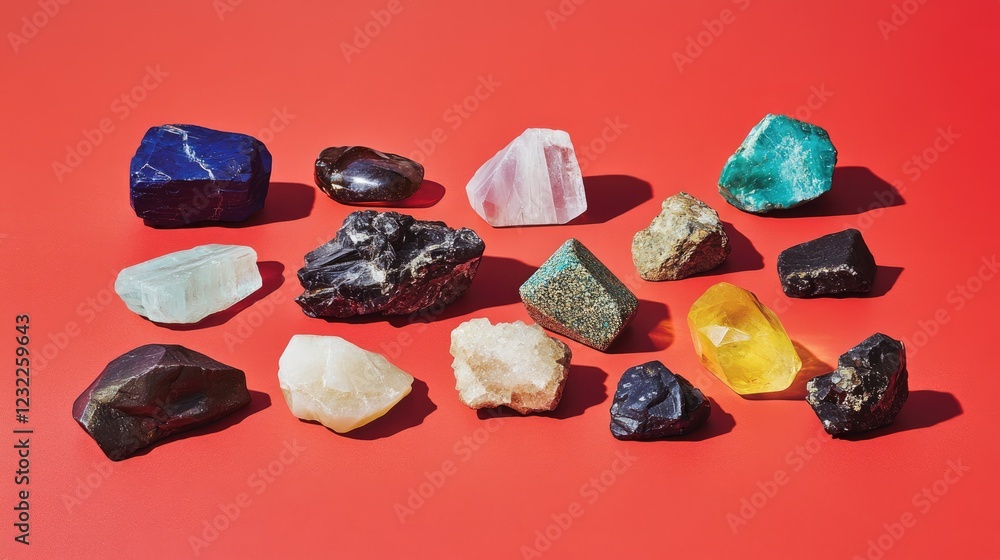 A variety of raw and polished gemstones arranged on a bright red surface. A variety of raw and polished gemstones arranged on a bright red surface.