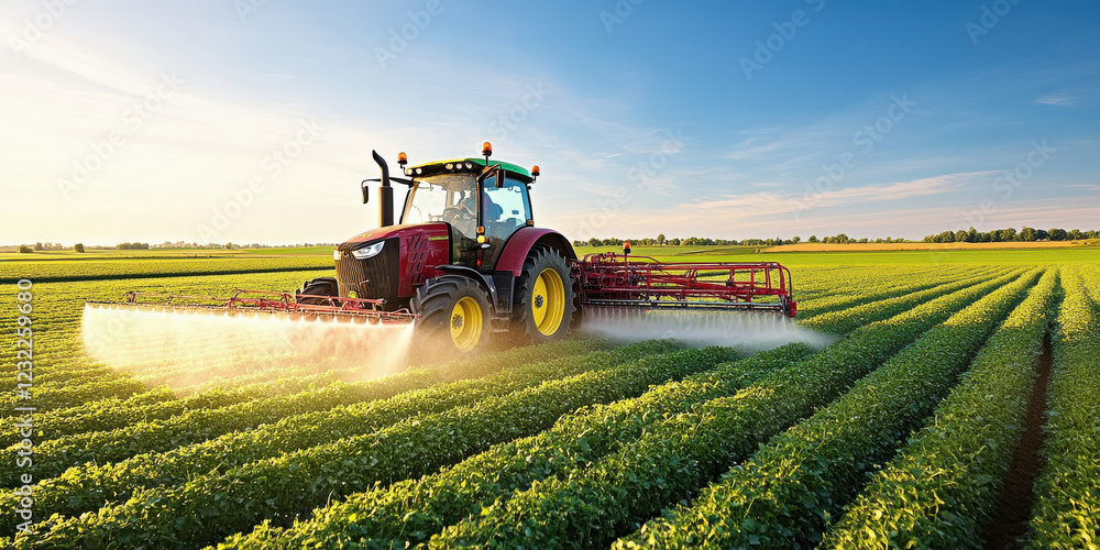 A tractor spraying liquid in a round spray pattern on a green field A tractor spraying liquid in a round spray pattern on a green field