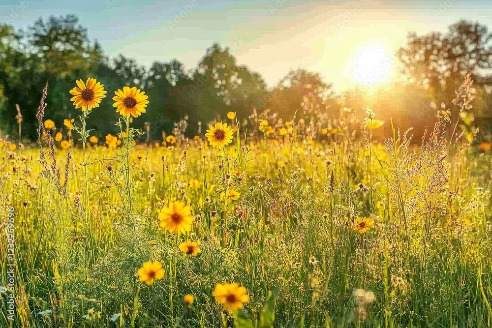 Sunlit meadow with tall grass and yellow wildflowers, bathed in warm sunrise glow, creating a serene and tranquil countryside landscape. Sunlit meadow with tall grass and yellow wildflowers, bathed in warm sunrise glow, creating a serene and tranquil countryside landscape.
