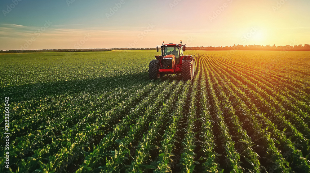 a tractor in a green corn field a tractor in a green corn field