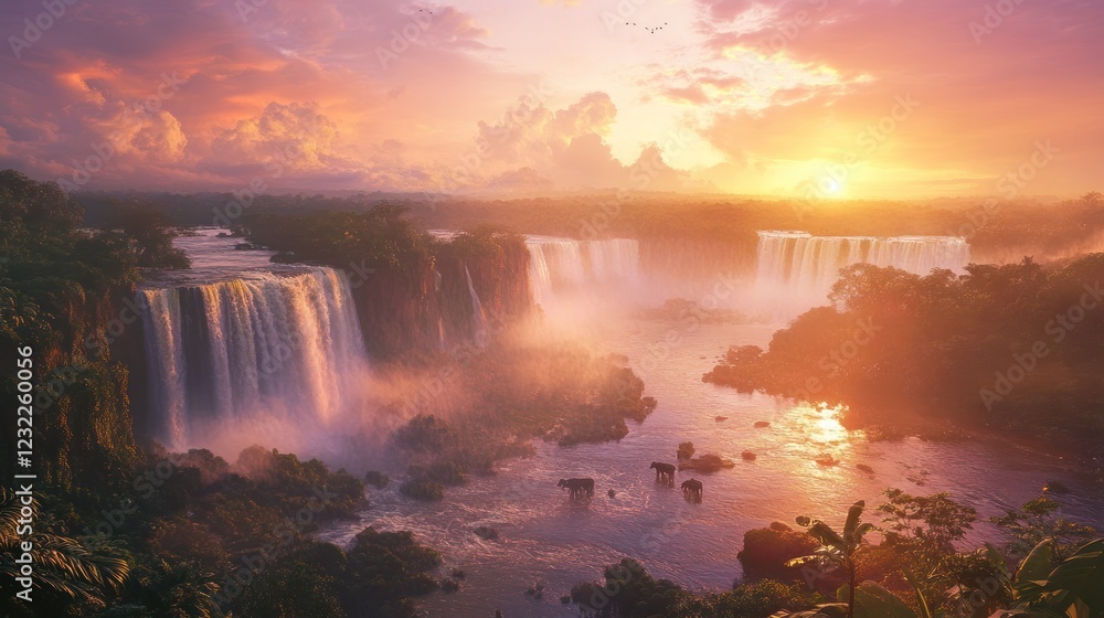 Fototapeta premium Iguazu Falls sunset, rainforest backdrop, travel postcard
