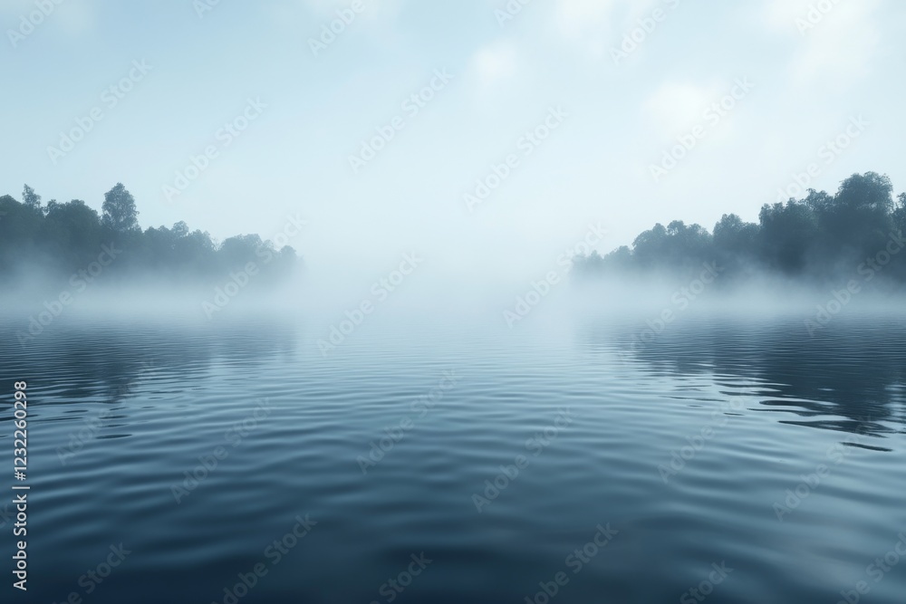 Fototapeta premium Serene Mist-Shrouded Lake Tranquil Dawn on Still Waters
