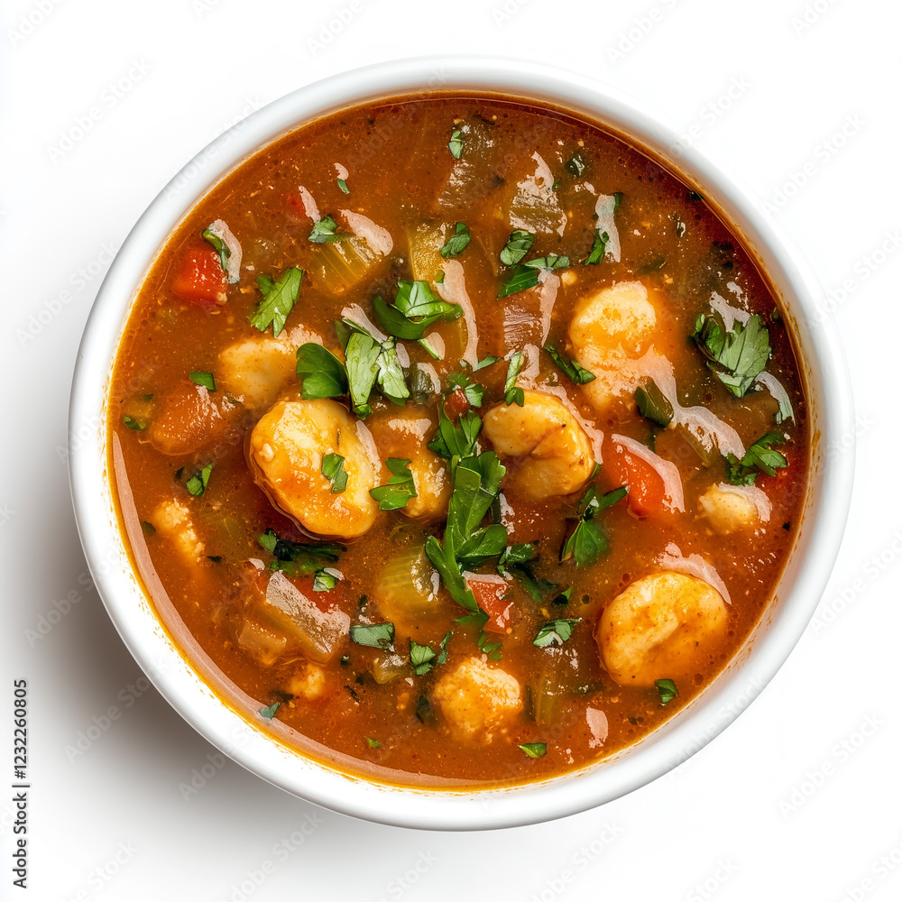 Cup of Gumbo, Light Pandtions, Soup Cup Style, top view, isolated on white, food photography Cup of Gumbo, Light Pandtions, Soup Cup Style, top view, isolated on white, food photography