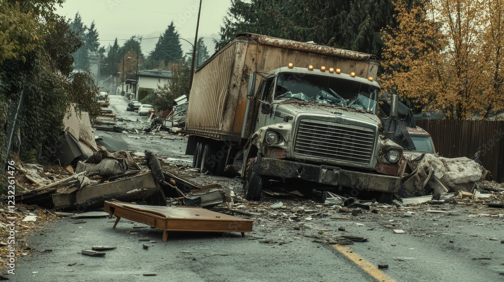 Obraz premium Damaged truck and debris on a road, gray day.