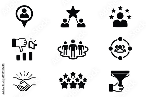 Create a clean, editable icon set illustrating the customer journey lifecycle stages, from awareness to advocacy.  Include icons representing each stage.