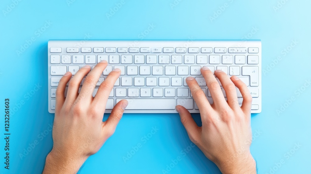 Hands typing on a keyboard, soft blue gradient background. Hands typing on a keyboard, soft blue gradient background.