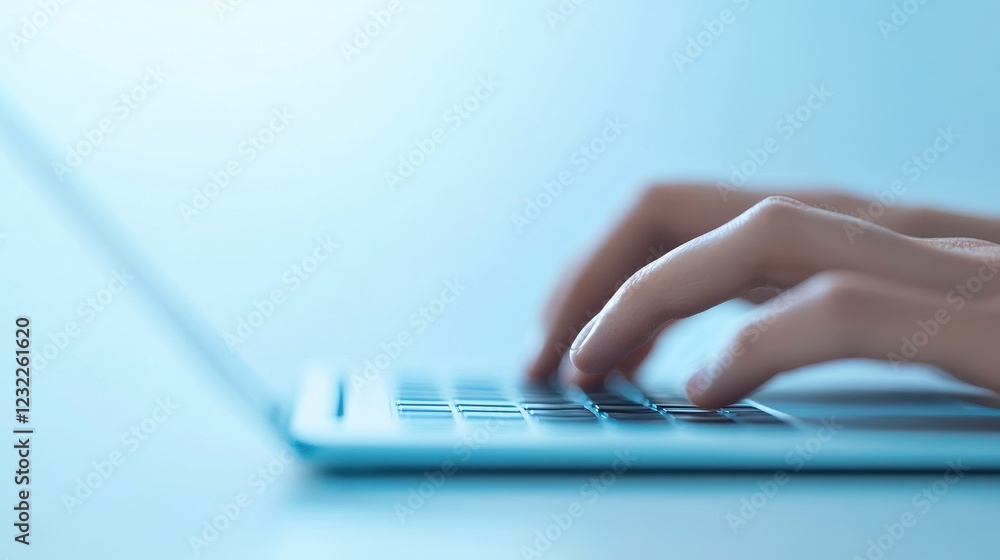 Hands typing on a keyboard, soft blue gradient background. Hands typing on a keyboard, soft blue gradient background.