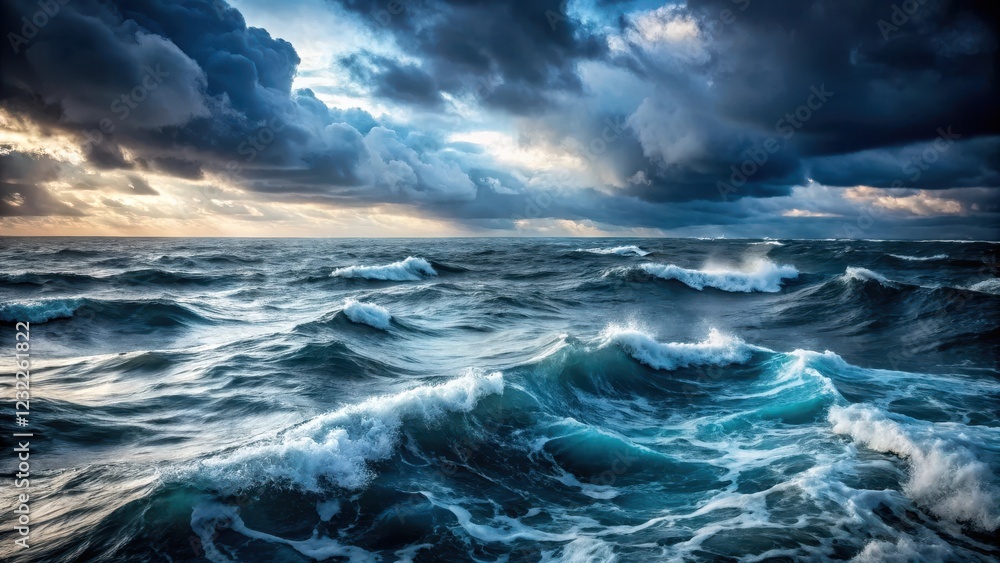 Fototapeta premium Dark and foreboding waters with choppy waves and debris scattered on the surface, reflecting the turmoil of a stormy sea , dark water, rough seas