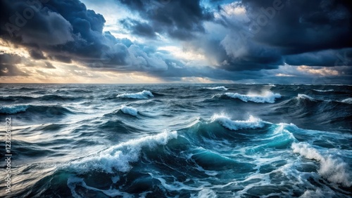 Dark and foreboding waters with choppy waves and debris scattered on the surface, reflecting the turmoil of a stormy sea , dark water, rough seas