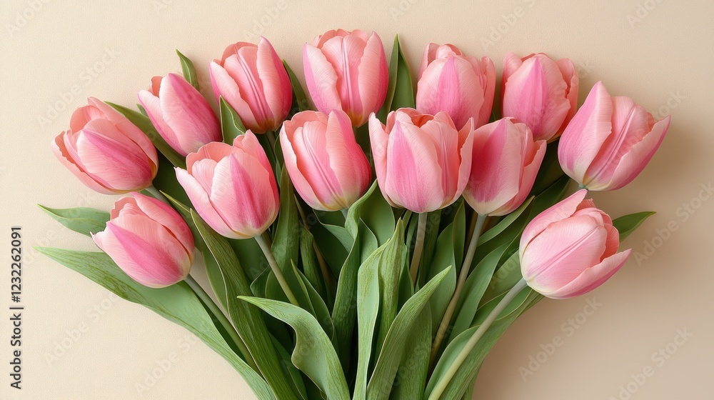 Pink tulips bouquet, beige background, flatlay, spring Pink tulips bouquet, beige background, flatlay, spring