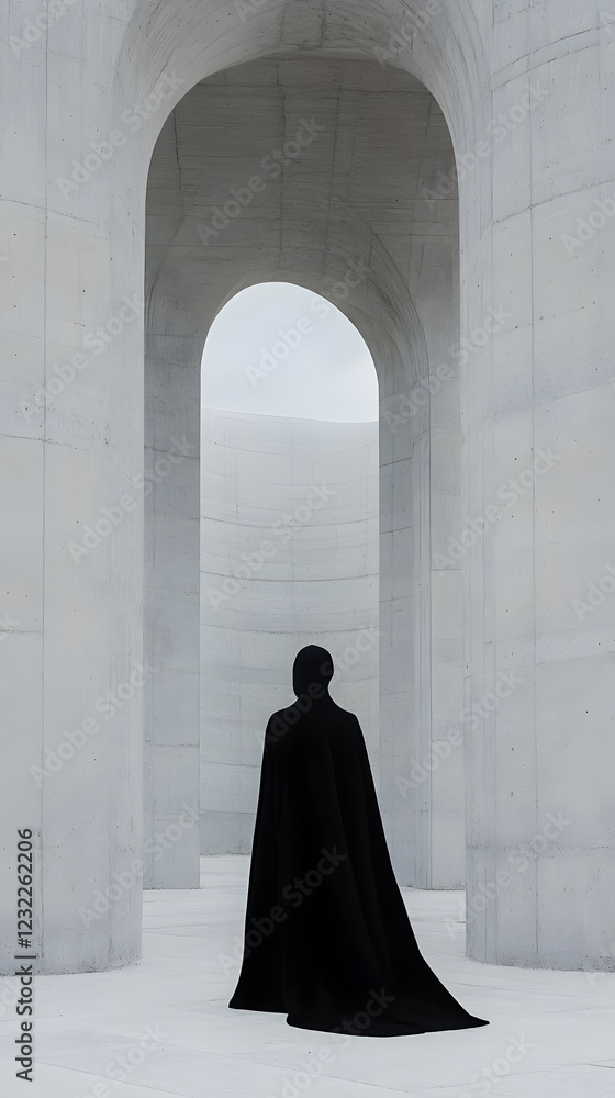 A person in a black cape standing between tall concrete arches, simple shapes
A person in a black cape standing between tall concrete arches, simple shapes