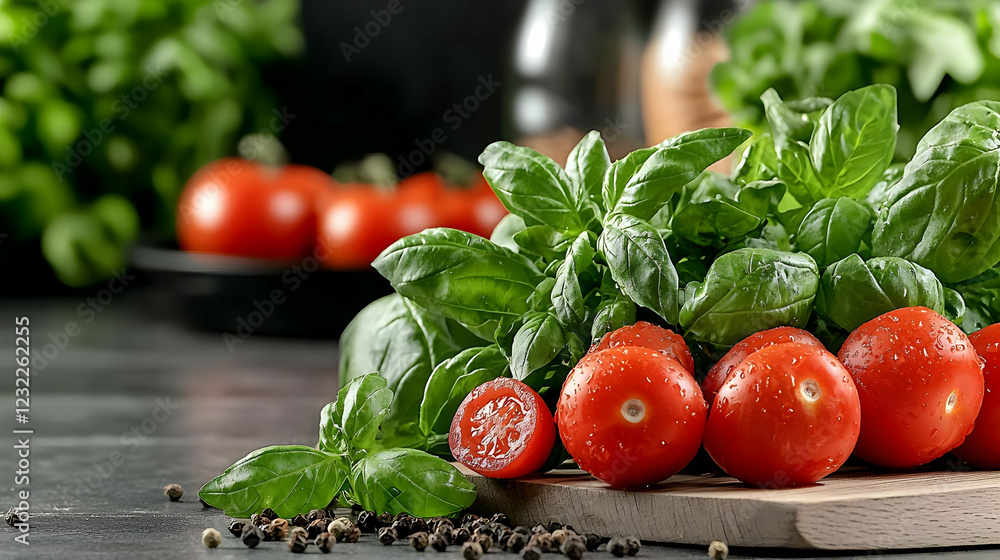 Fresh basil and tomatoes on kitchen counter. Food recipe blog background Fresh basil and tomatoes on kitchen counter. Food recipe blog background