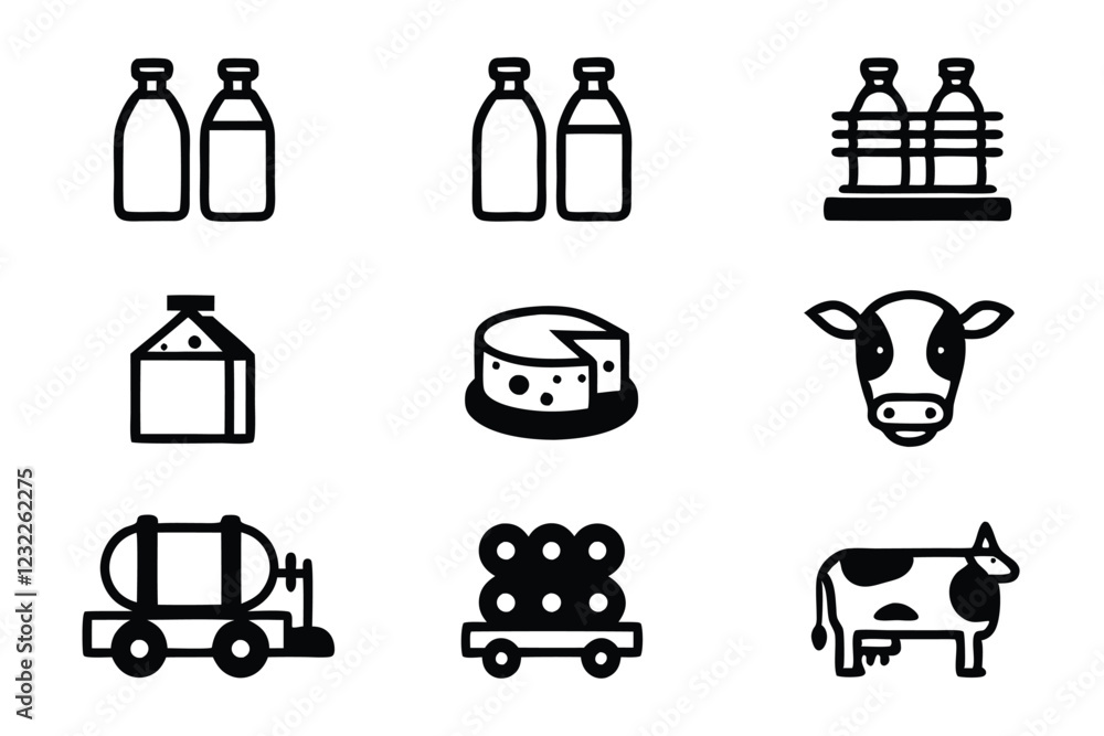 Create a set of editable line icons depicting various stages of the dairy industry, including cows, milking, processing, and packaging. Create a set of editable line icons depicting various stages of the dairy industry, including cows, milking, processing, and packaging.