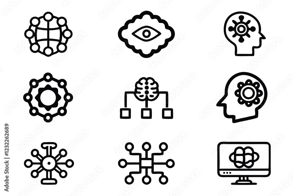 Create a clean, editable icon set depicting various deep learning concepts neural networks, algorithms, data analysis, machine learning. Include line art style. Create a clean, editable icon set depicting various deep learning concepts neural networks, algorithms, data analysis, machine learning. Include line art style.