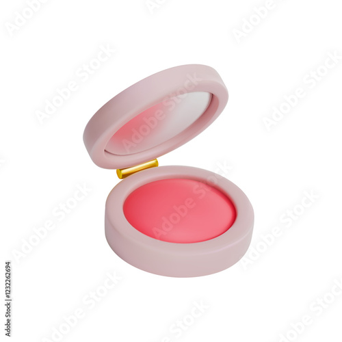 Render of blush in beige case with mirror. facial cosmetics. Vector 3d illustration on isolated white background