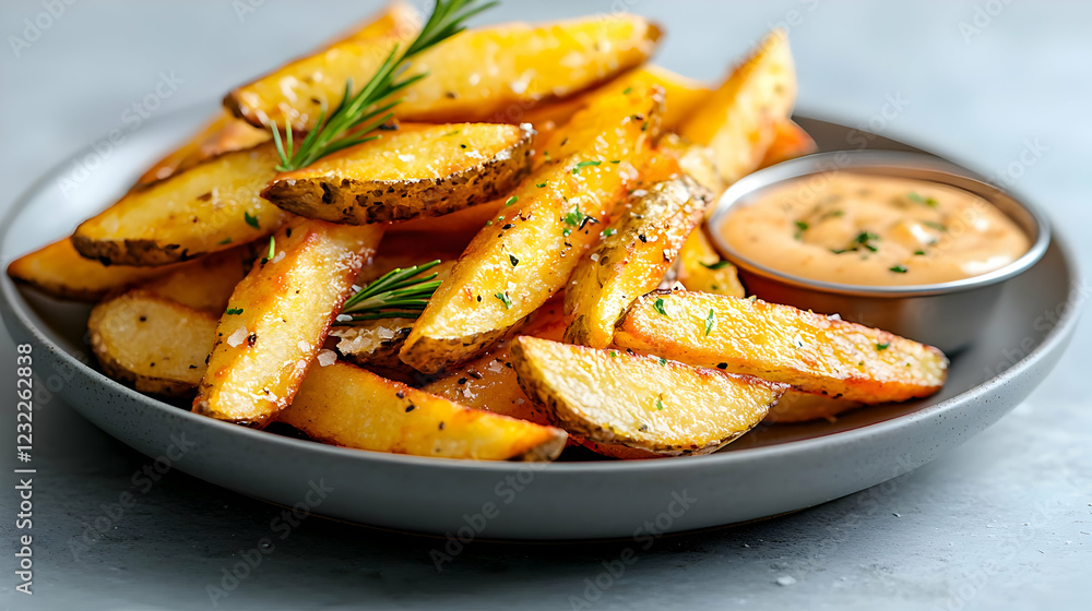 Roasted potato wedges with dip, herbs, gray plate. Food photography for menu or blog Roasted potato wedges with dip, herbs, gray plate. Food photography for menu or blog