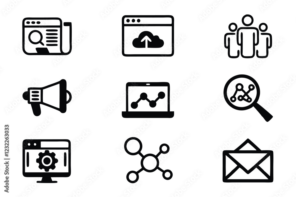 Create a clean, modern line art icon set depicting various digital marketing strategies; SEO, social media, email marketing, analytics, etc., suitable for website or app use. Create a clean, modern line art icon set depicting various digital marketing strategies; SEO, social media, email marketing, analytics, etc., suitable for website or app use.