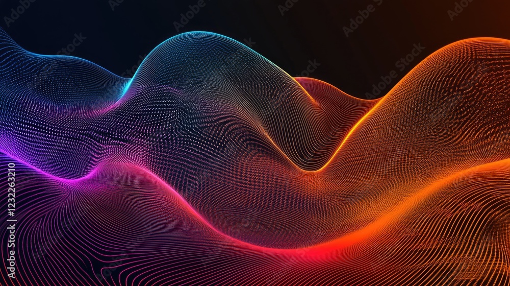 Sound waves visualized with colorful lines, neon black background. Sound waves visualized with colorful lines, neon black background.