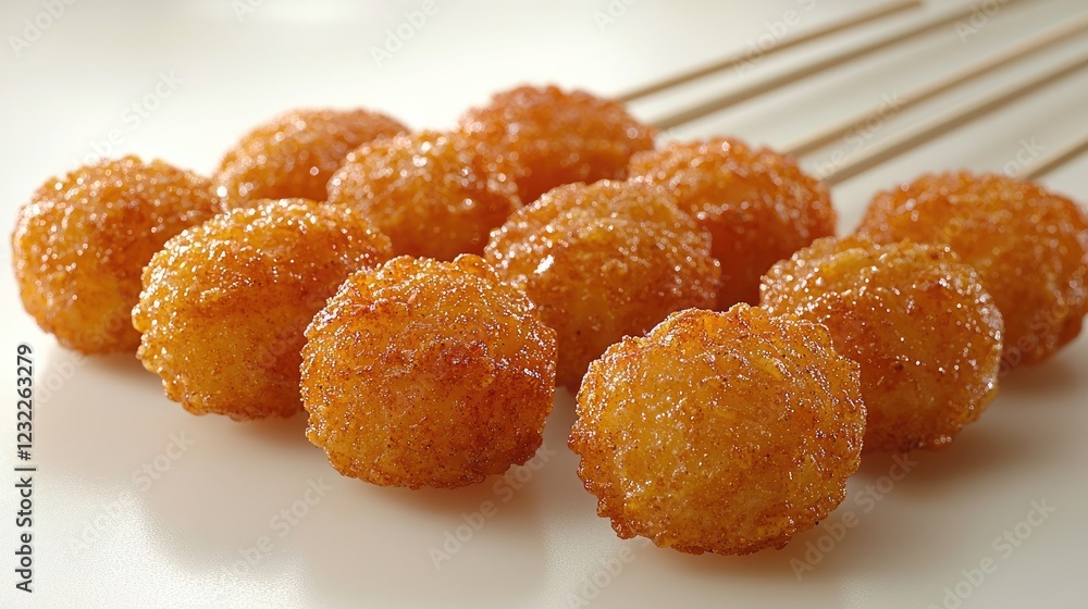 Golden, crispy snack balls on skewers, showcasing delicious street food at a vibrant market Golden, crispy snack balls on skewers, showcasing delicious street food at a vibrant market