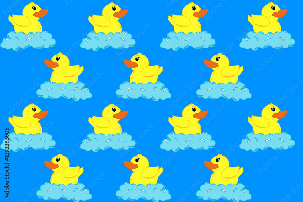 Fototapeta premium Cute yellow duck in bubbly water on blue background. Rubber duck to water. Cartoon. Vector. Illustration. Doodle design, tile, background, repeat, wallpaper, scarf, isolated, cartoon, blue