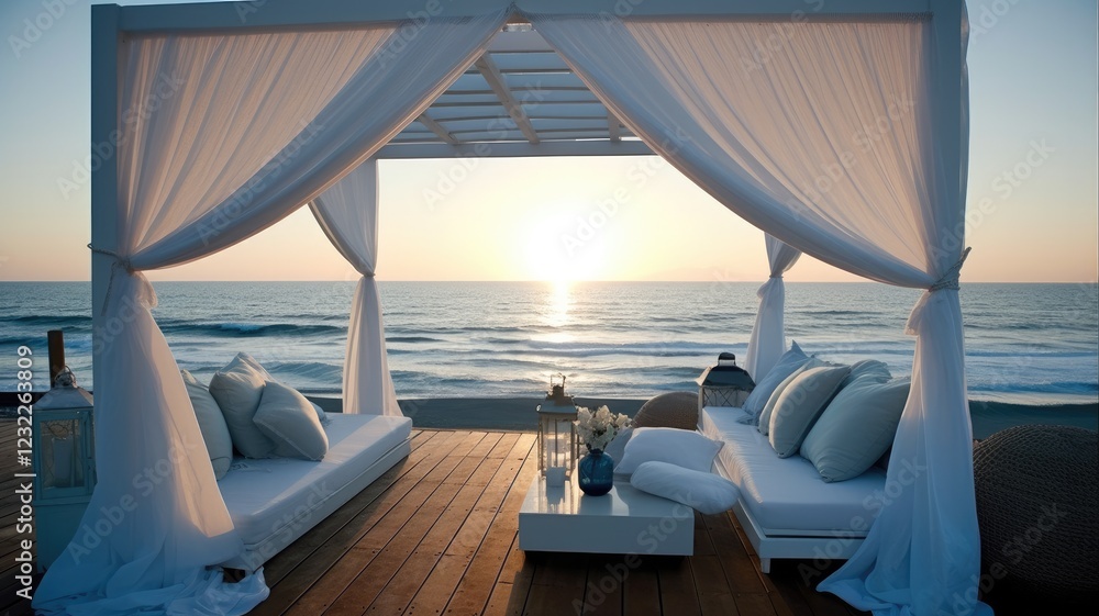 Obraz premium Sun, Sea, and Style: A Greek-Inspired Canopy Lounge by the Shore