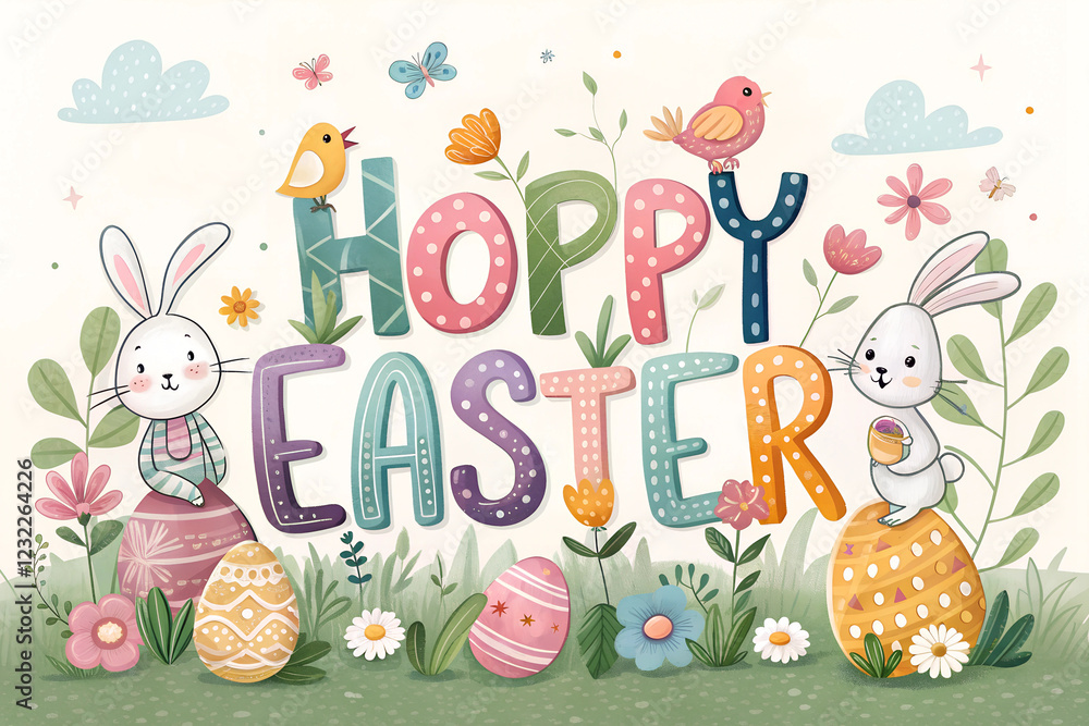 Fototapeta premium Colorful Easter illustration with playful typography, bunnies, eggs, and floral decorations. Hoppy Easter greeting card design
