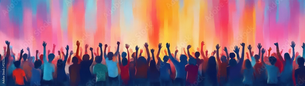 Fototapeta premium Celebration of Diversity and Community Support with Raised Hands in a Whimsical Style