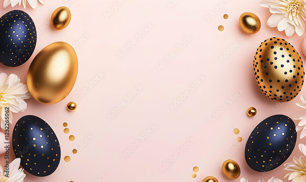 Fototapeta premium Easter flat lay with gold and navy eggs, elegant dotted accents, on pastel pink for e-commerce banners.