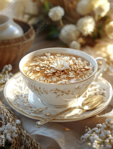 Delicious and nutritious wheat and oats. cereal, served in a beautiful French Cafe au Lait Bowl photo