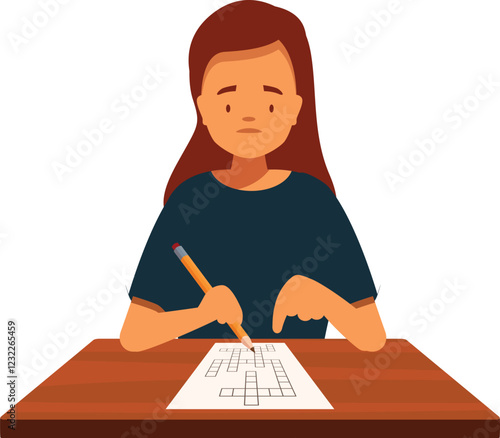 Young woman concentrating on a crossword puzzle, using a pencil at a wooden desk, demonstrating problem solving skills and mental exercise