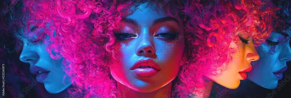 Fototapeta premium Neon Dreams: A vibrant portrait of a woman with pink and blue hair