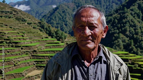 Nepalese mountain villager in a faded jacket stands on a hillside overlooking lush green terraced farmland, his weathered face reflecting years of resilience and hard work. Rural life and agricultural photo