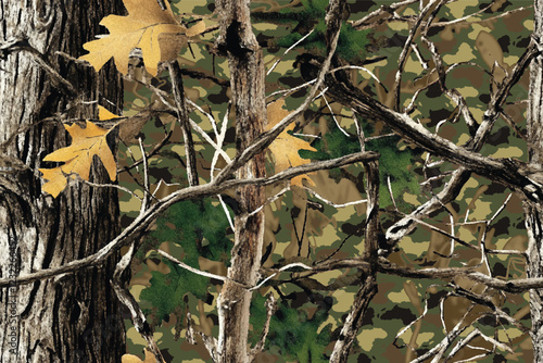 Realtree seamless camouflage with tree trunks and fallen leaves