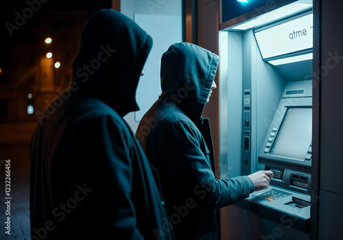 Two hooded individuals interacting with an atm under dim lighting, suggesting a secretive or cautious financial activity during nighttime photo