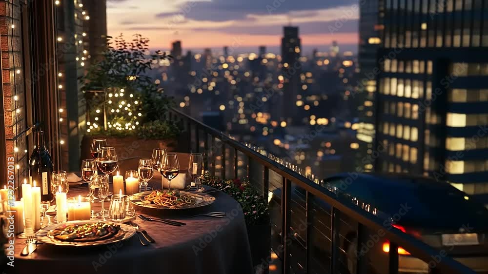 Romantic rooftop dinner with city skyline view at sunset, featuring elegant table setting and candles Romantic rooftop dinner with city skyline view at sunset, featuring elegant table setting and candles
